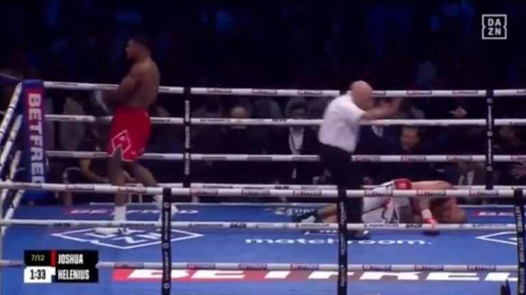 Në një duel si në stërvitje, Joshua nokauton brutalisht Heleniusin në raundin e shtatë