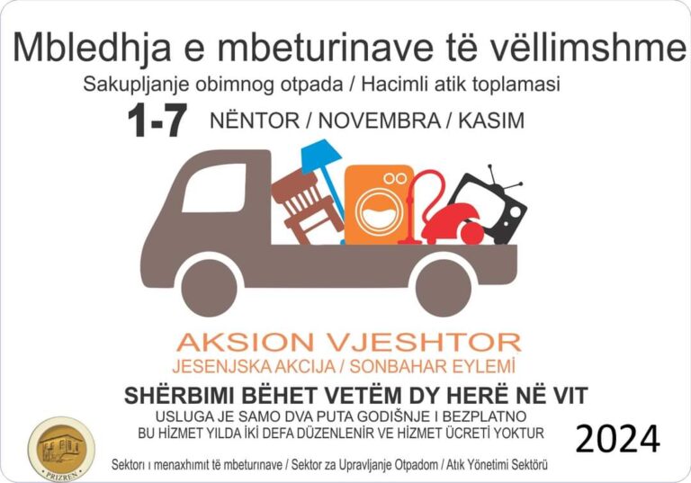 Aksioni vjeshtor në Prizren: Grumbullim falas i mbeturinave të vëllimshme nga 1 deri më 7 nëntor